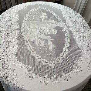 Noble Home Vintage White Lace Nativity‎ Tablecloth Scalloped Edges Ornate 60x96